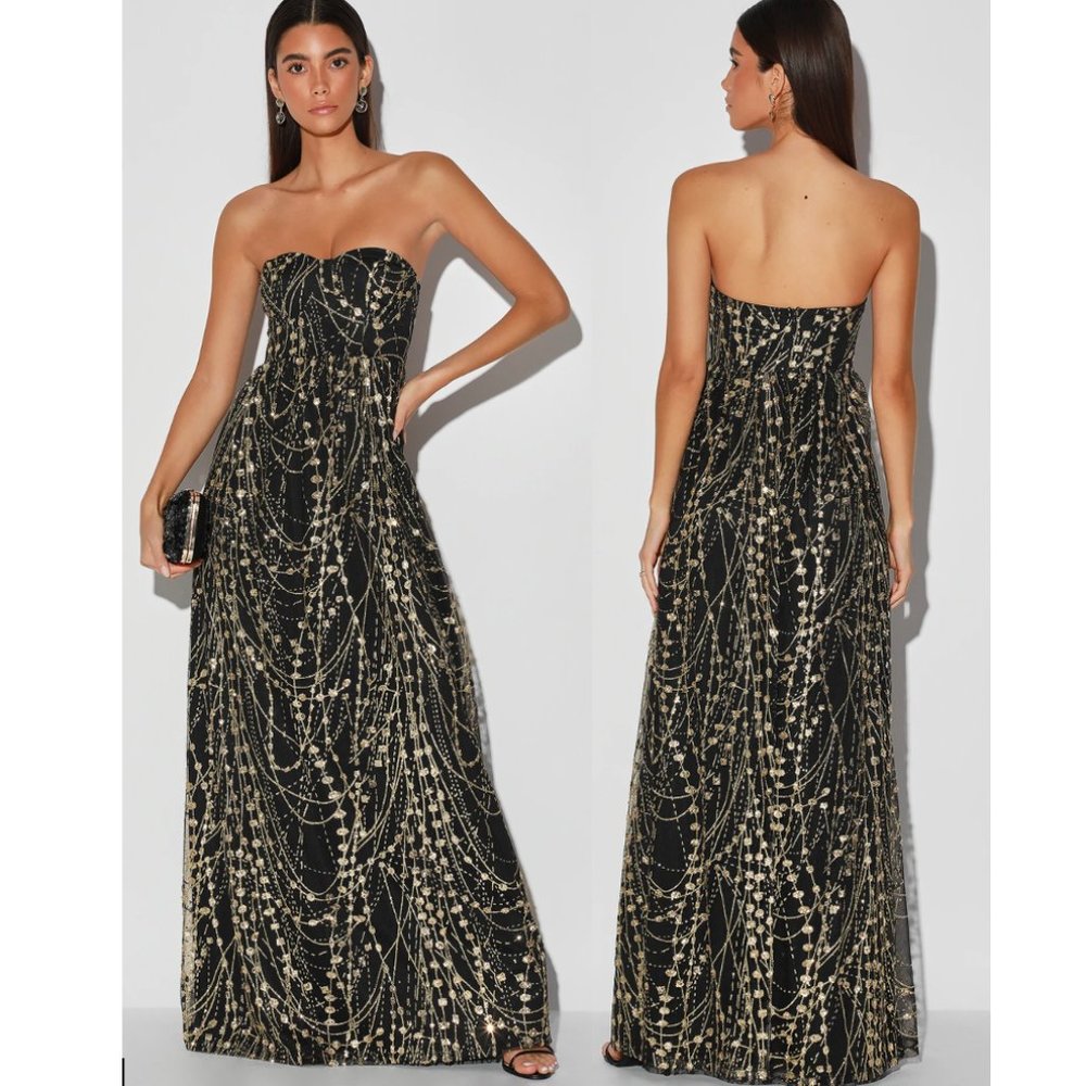 Lulu's Time to Shine Black and Gold Glitter Sequin Strapless Maxi Dress Size M